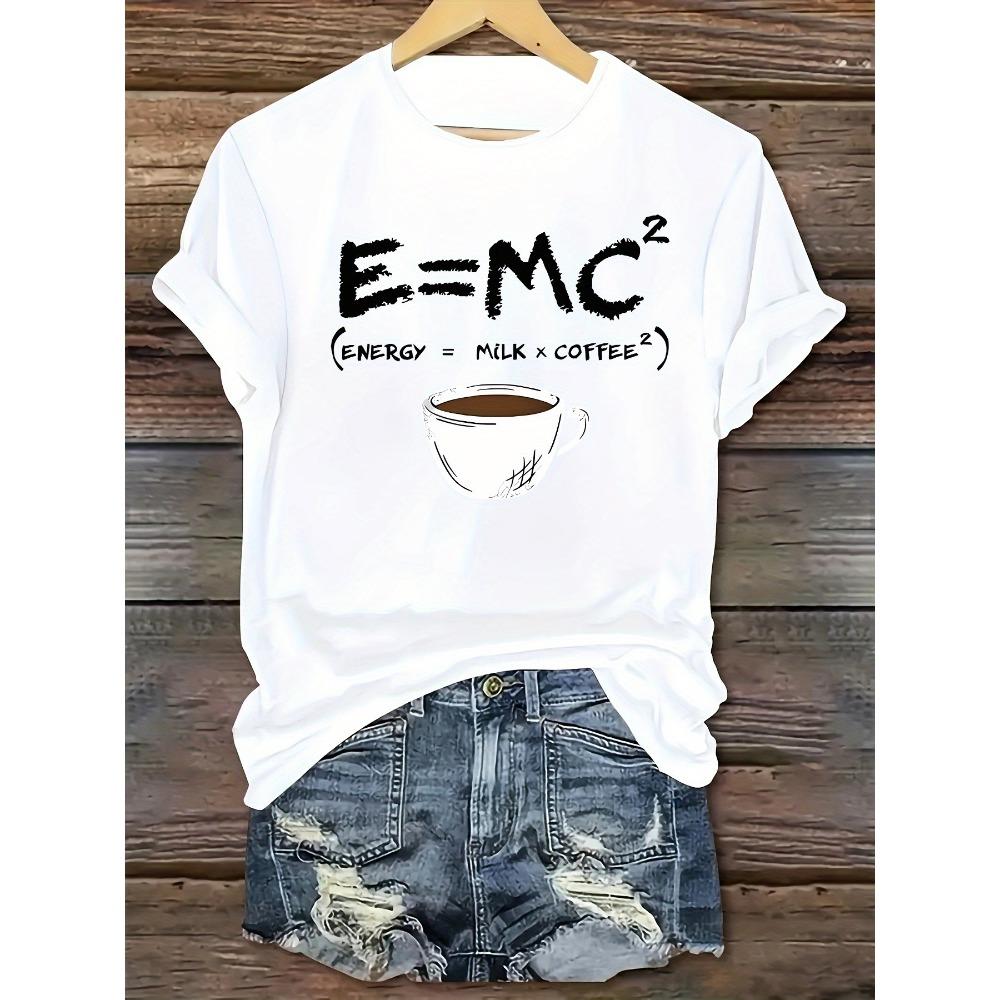 

Round Neck Short-sleeved Machine Washable White Ladies Casual Coffee & Letter Printed T-shirt-soft Polyester Blend M