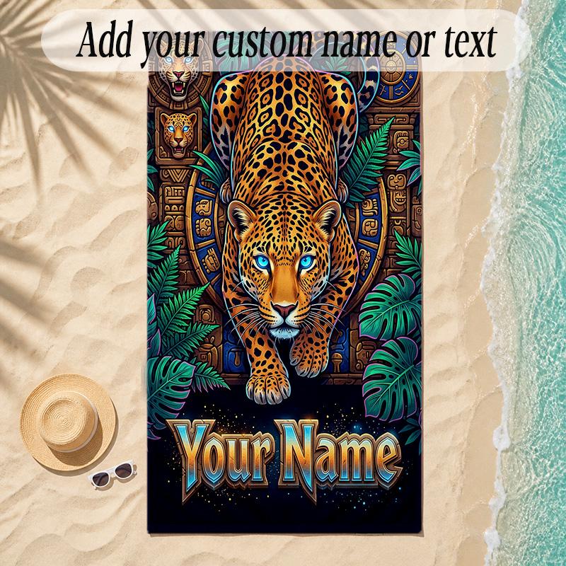 Leopard Theme Soft Beach Towel Personalized Custom Name Text Towel Portable for Beach Pool Travel