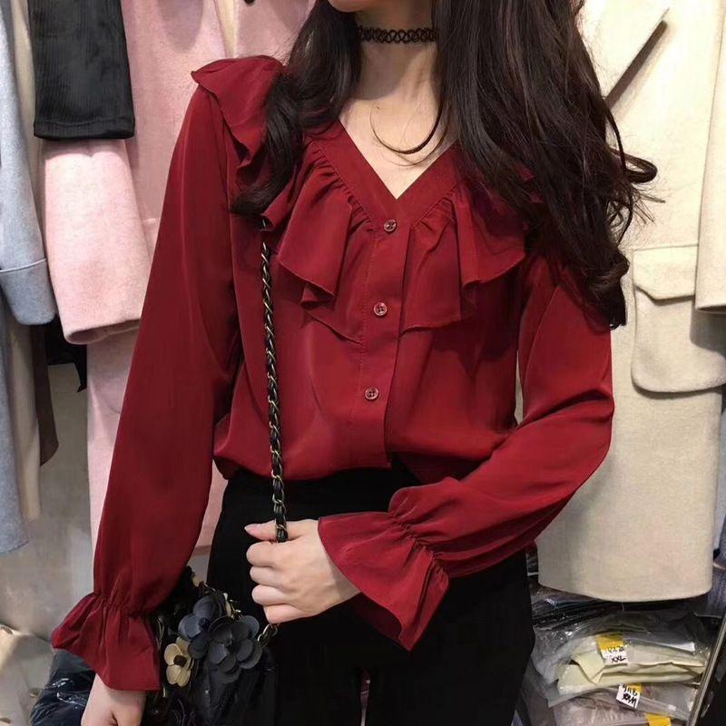 

Ruffles Long Sleeve Top V-neck Shirt Ruffles Long Sleeves Tops V-neck Shirt black XXL