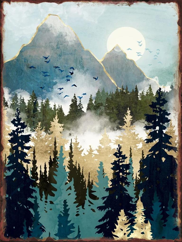 Moonlit Mountains Metal Tin Sign Hanging Wall Decor Aesthetic Iron Plate for Home Sofa Background Decorative Plaque Art