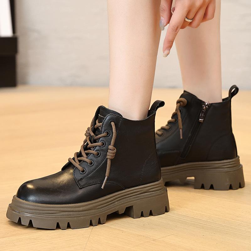 2025 Winter Shoes Women Genuine Leather Boots Warm Plush Thick Sole 4cm Non-slip Fashion Brand Ladies Ankle Boots Black