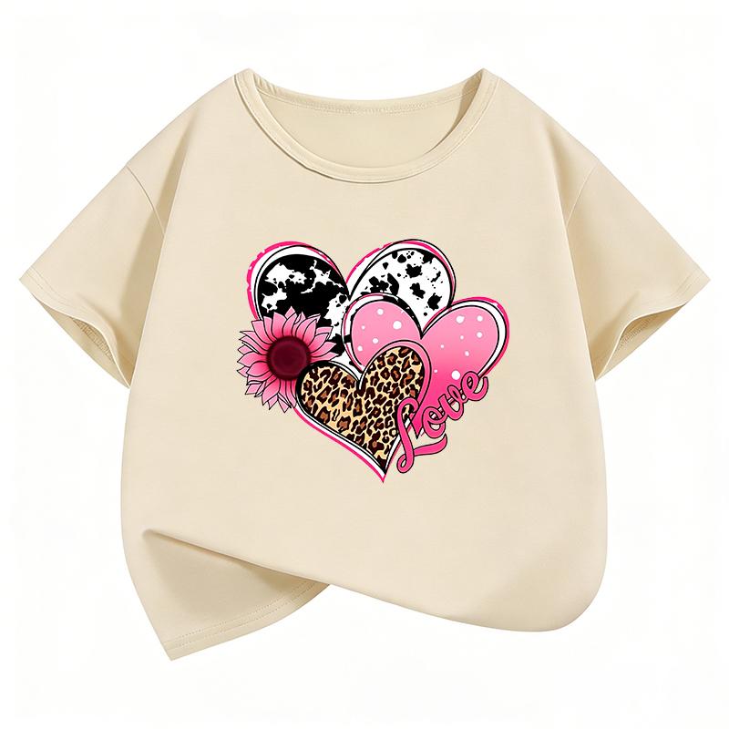 Leopard Love Heart Print TShirt Fashion T Shirt Girls Summer Casual Short Sleeve Tops TShirts Cute Girls Clothing 110