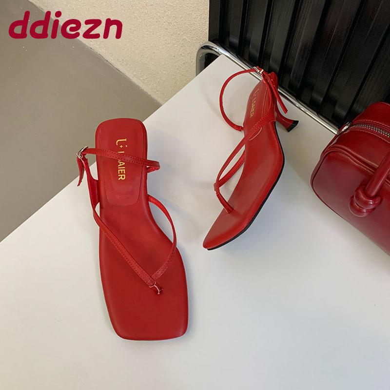 Fashion Fashion Square Toe Women Heeled Sandals Shoes Female Flip Flops Spring Summer Buckle Ladies Medium Heels Sandals Shoes Pumps