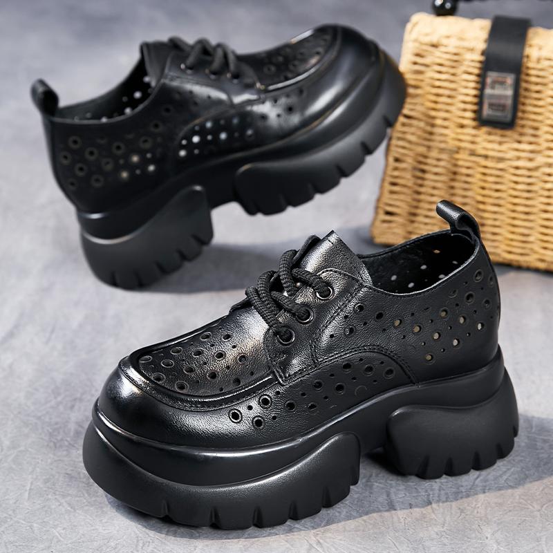 

Мода GKTINOO Ручная работа Ретро 2025 Новые Весна Лето Женская обувь Толстая подошва Натуральная кожа Сандалии Полые Платформа Танкетка Кроссовки 8.5