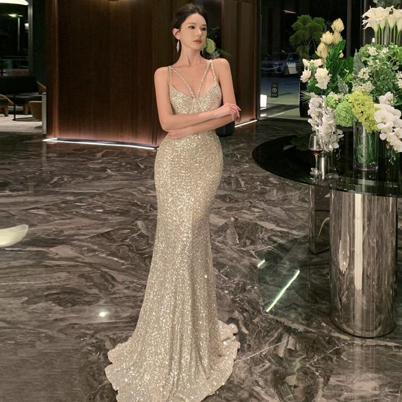 Sexy Evening Dress Women's High-end Heavy Industry Sequined Fishtail Dress Design Waist Dress
