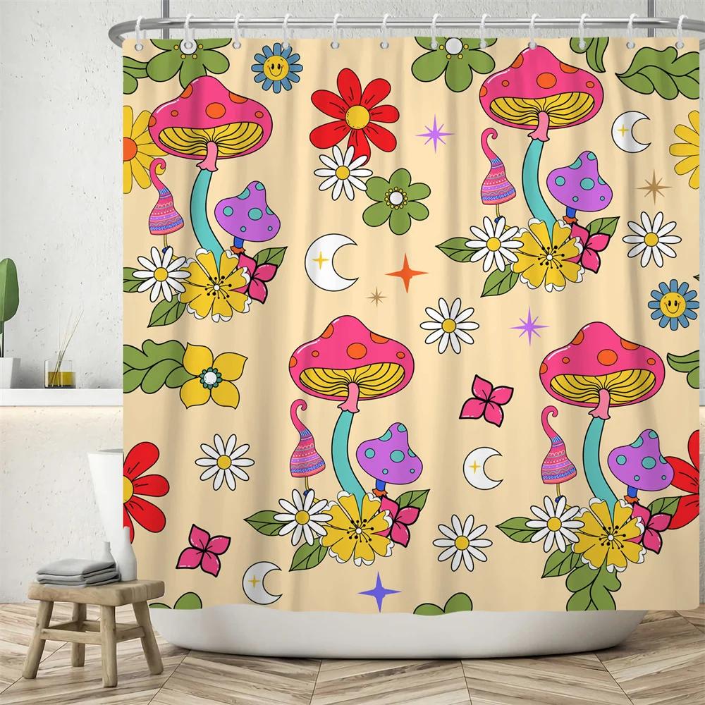 70's Colorful Flowers Shower Curtain Rainbow Mushroom Printing Bathroom Curtains Polyester Waterproof Bathtub Screen with Hooks