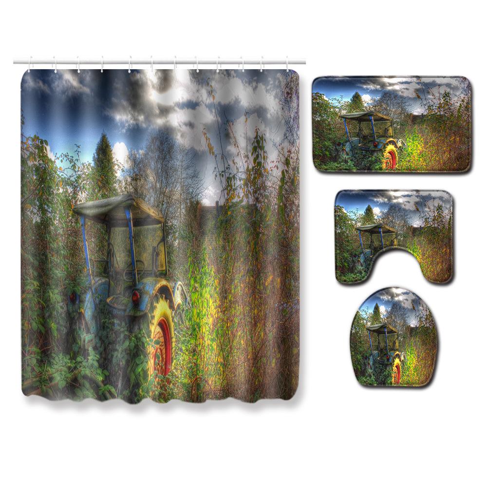 Landscape Shower Curtain Floor Mat Combination Four-Piece Set Bathroom Toilet Carpet Shower Room Mat Foot Mat