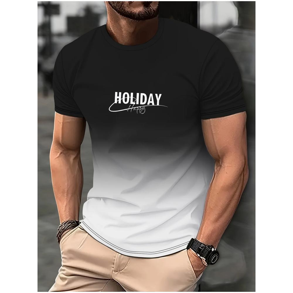 Fashion Men's Gradient Colour Letter 3D Printed T-Shirt Casual Short Sleeve Round Neck T Shirt Summer Outdoor Sports Tees Clothing
