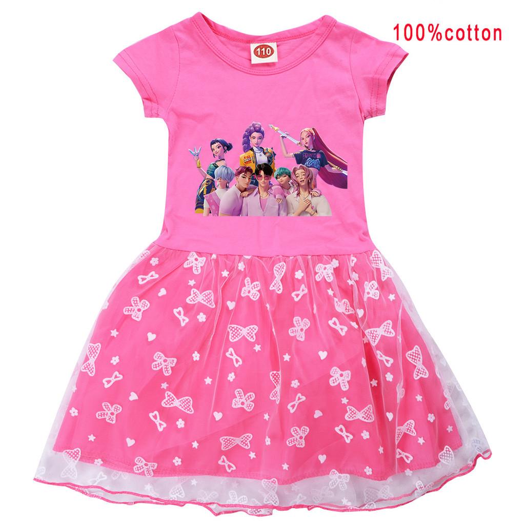 

Платье детское хлопковое с коротким рукавом, повседневное, с принтом аниме, мультяшным, K-pop, Руми, Зои, Мира, кружевом и сеткой, для девочек, на Хэллоуин, Рождество, для косплея 140cm розы красного