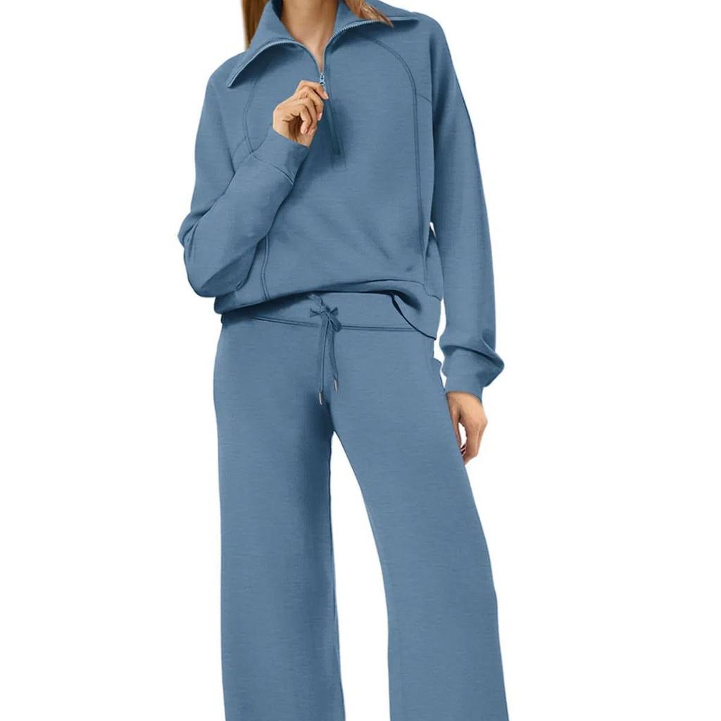 Women's 2 Piece Outfits Casual Lapel Half Zip Sweatshirts And Wide Leg Pants Tracksuit Sets