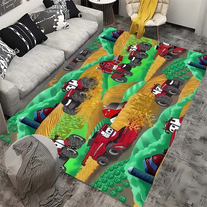 Farm Tractor Themed Play Rug, Soft Non-Slip Carpet with Green Harvesters & Crops Pattern, for Kids Bedroom & Playroom