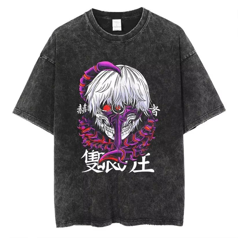 Women's Washed Tokyo Ghoul Ken Kaneki Vintage Washed T-Shirt Sweatshirt Crew Neck Anime Shirt for Fans Clothing Top