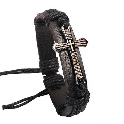 Qinuo Retro Punk Metal Cross Bracelet: English Letter Laser Engraved Cowhide