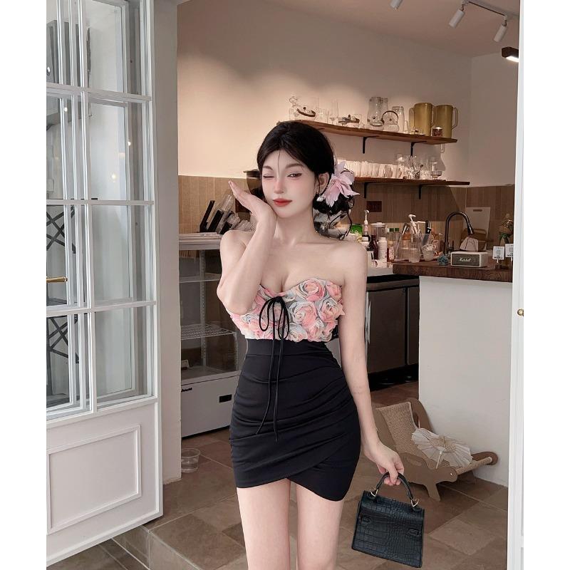 Pure desire sexy low-cut neck sling contrasting flower skirt small splicing tight hip-wrapped bottoming dress