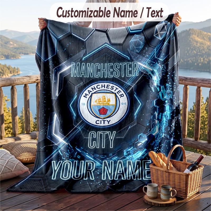 Flannel Blanket Manchester City Print Custom Name Text Soft Throw for Sofa Bed