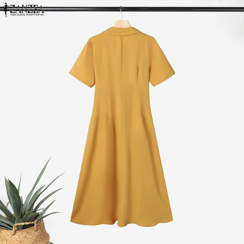 ZANZEA Women Casual Turn Down Collar Solid Color Summer Short Sleeve Dress