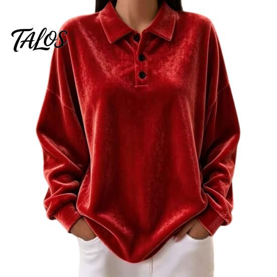 Damen Pullover Hemd Damen Samt Hemd, 3-Knopf Kragen Casual Bluse, Einfarbige Tägliche Kleidung Locker Langarm Oberteil für die Arbeit Atmungsaktive Bluse