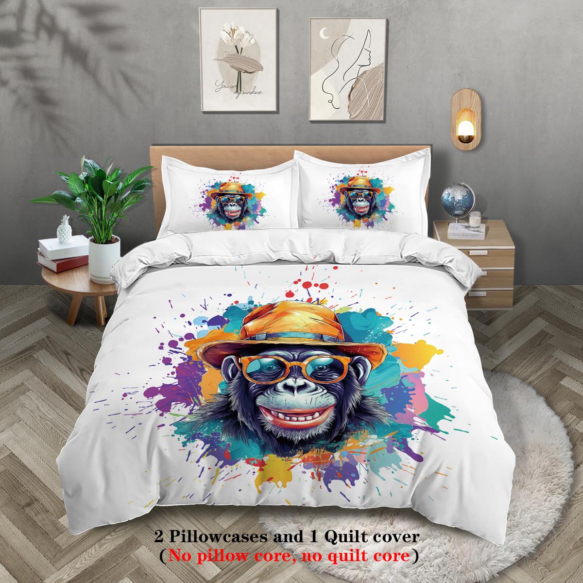

3-piece down duvet cover with original chimpanzee monkey pattern print (1 duvet cover+2 pillowcases, no core) bedding set 135x200cm-EU-Single
