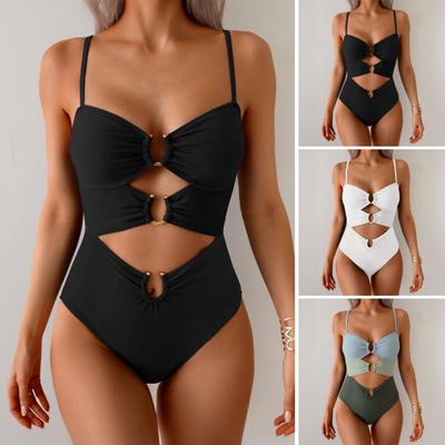 Monokini Underwire Push-Up Bra One-Piece Bikini Set with Metal Buckles Hollow Design Sexy Strappy V-Neck Backless Swimsuit