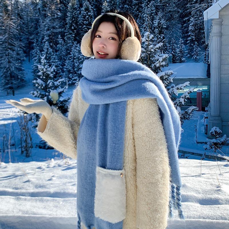 Fixed Dyeing Haze Blue~ Premium Hair Sensing Pocket Scarf Women's Winter Wool Shawl Thickened Plush Scarf