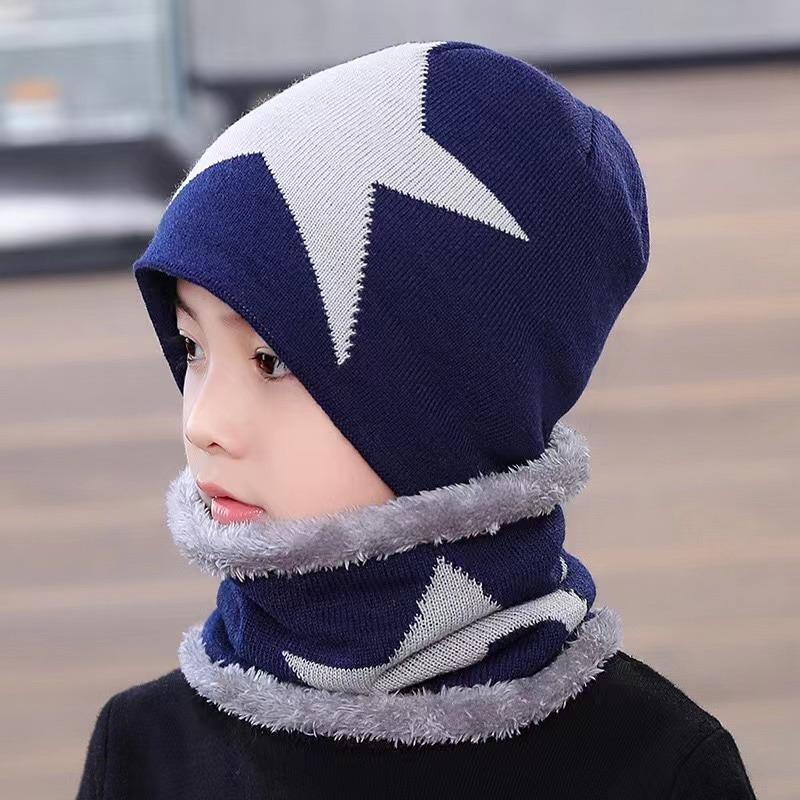 (TAGLIA)Cappelli invernali caldi lavorati a maglia con colori a contrasto in pile per set di due pezzi cappello + sciarpa per bambini