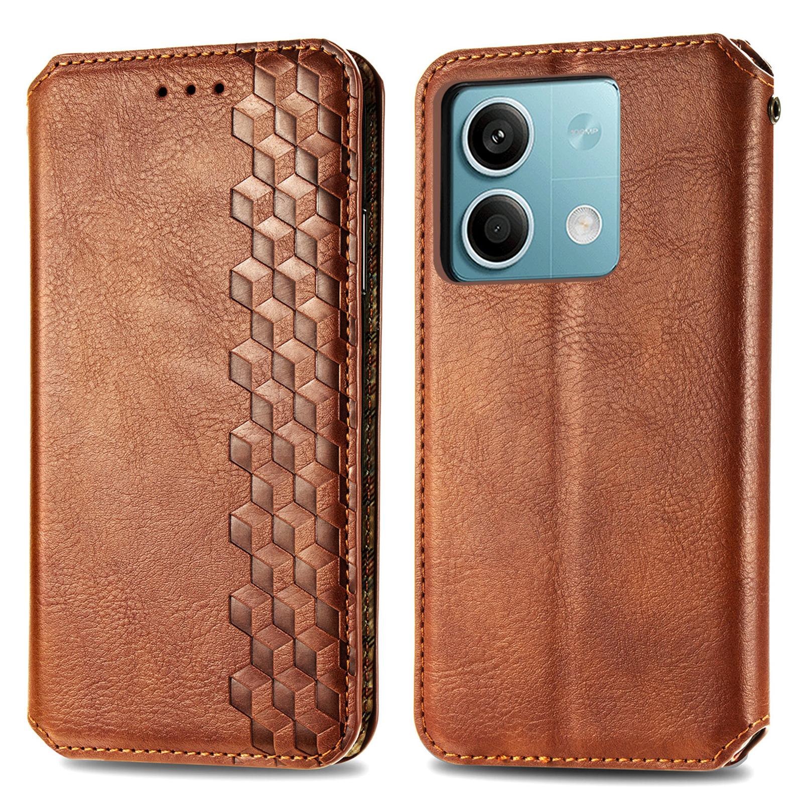 

For Xiaomi Redmi Note 13 5G PU Leather Case Rhombus Imprint Wallet Stand Phone Cover Brown