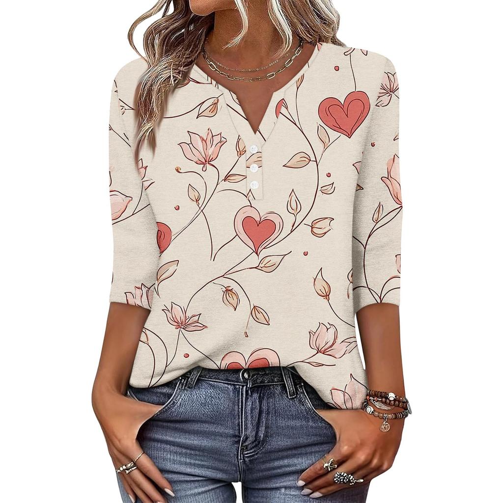 Damen Modisch Lässig Retro Floral Print V-Ausschnitt Knopfleiste Dreiviertelärmel T-Shirt Top