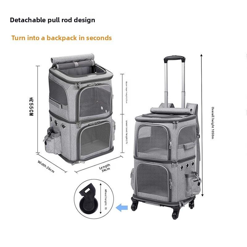 Cărucior pentru animale de companie cu transportor detașabil, Material Oxford, Mâner telescopic, Capacitate mare, Respirabil, Portabil pentru două animale de companie
