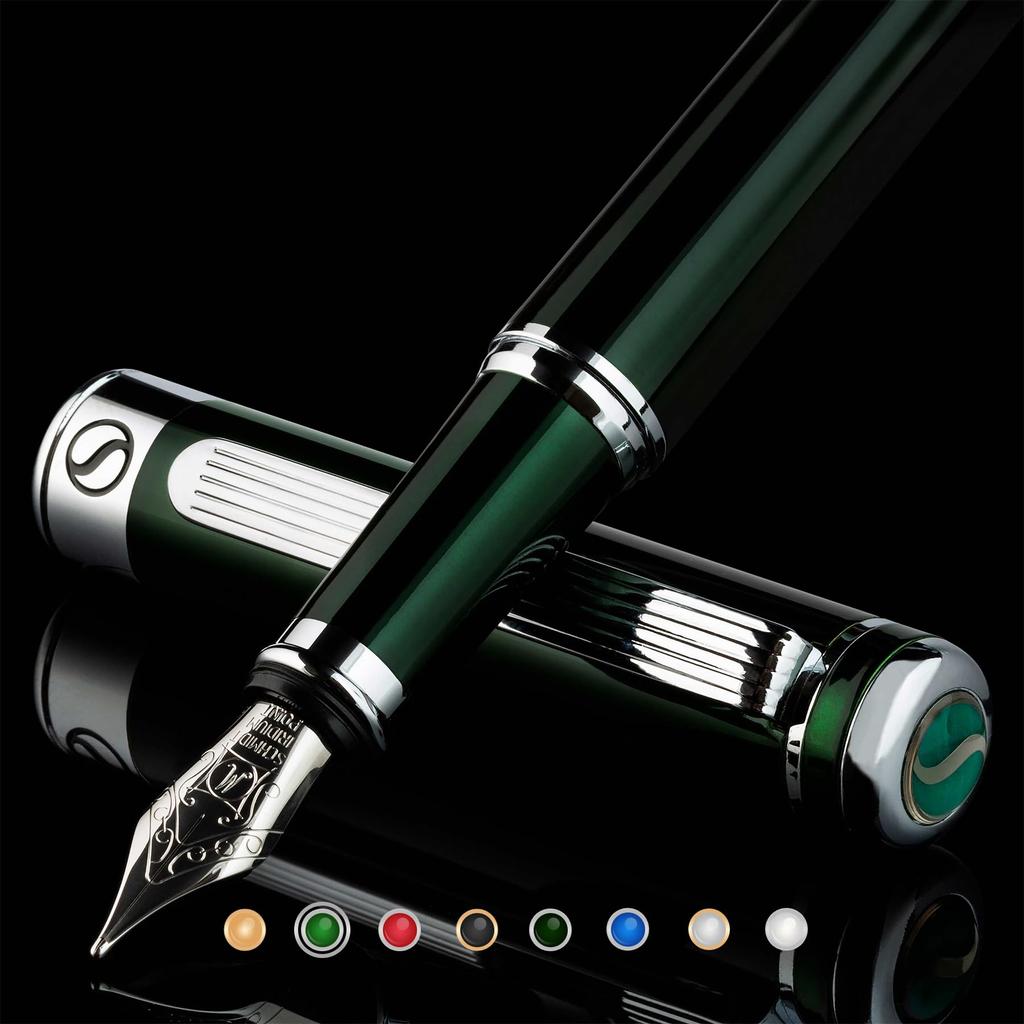 Scriveiner Fountain Pen Very Dark British Racing Stunning Luxury Chrome Schmidt Medium Best Pen Gift Set for Men and Lovely British Racing Green