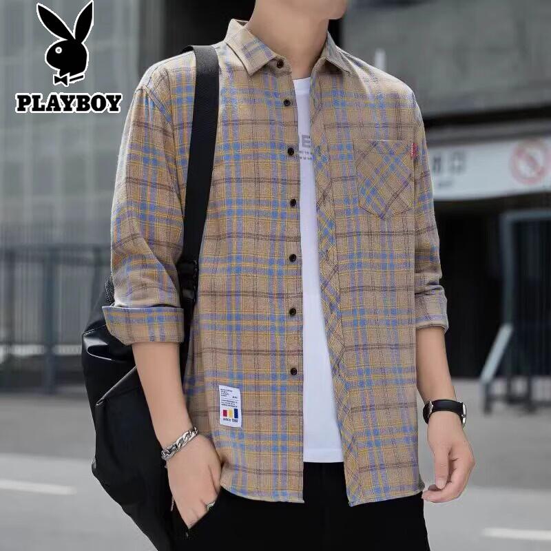 PLAYBOY Men s Plaid Long-Sleeve Casual Shirt 4XL