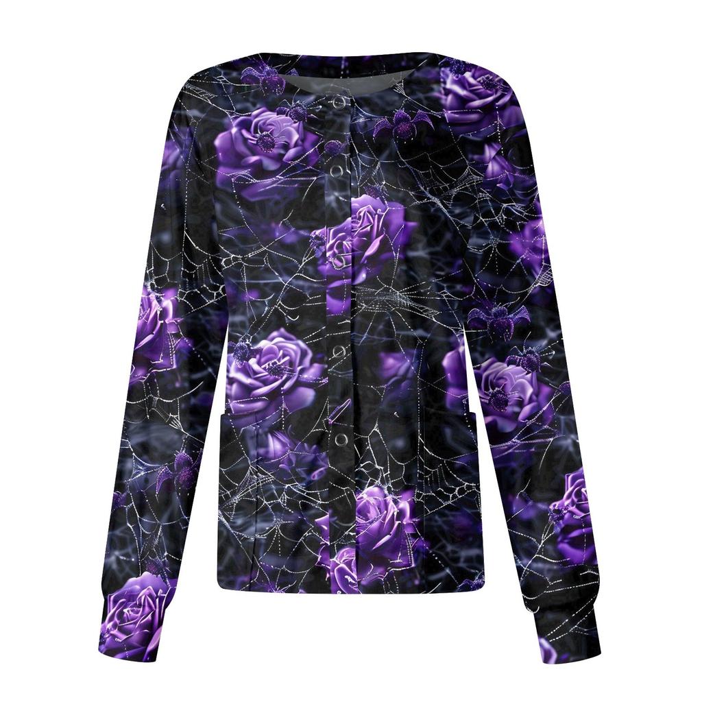 Women's Halloween Printed Casual Long-sleeved Single-breasted Work Uniform Cardigan Top