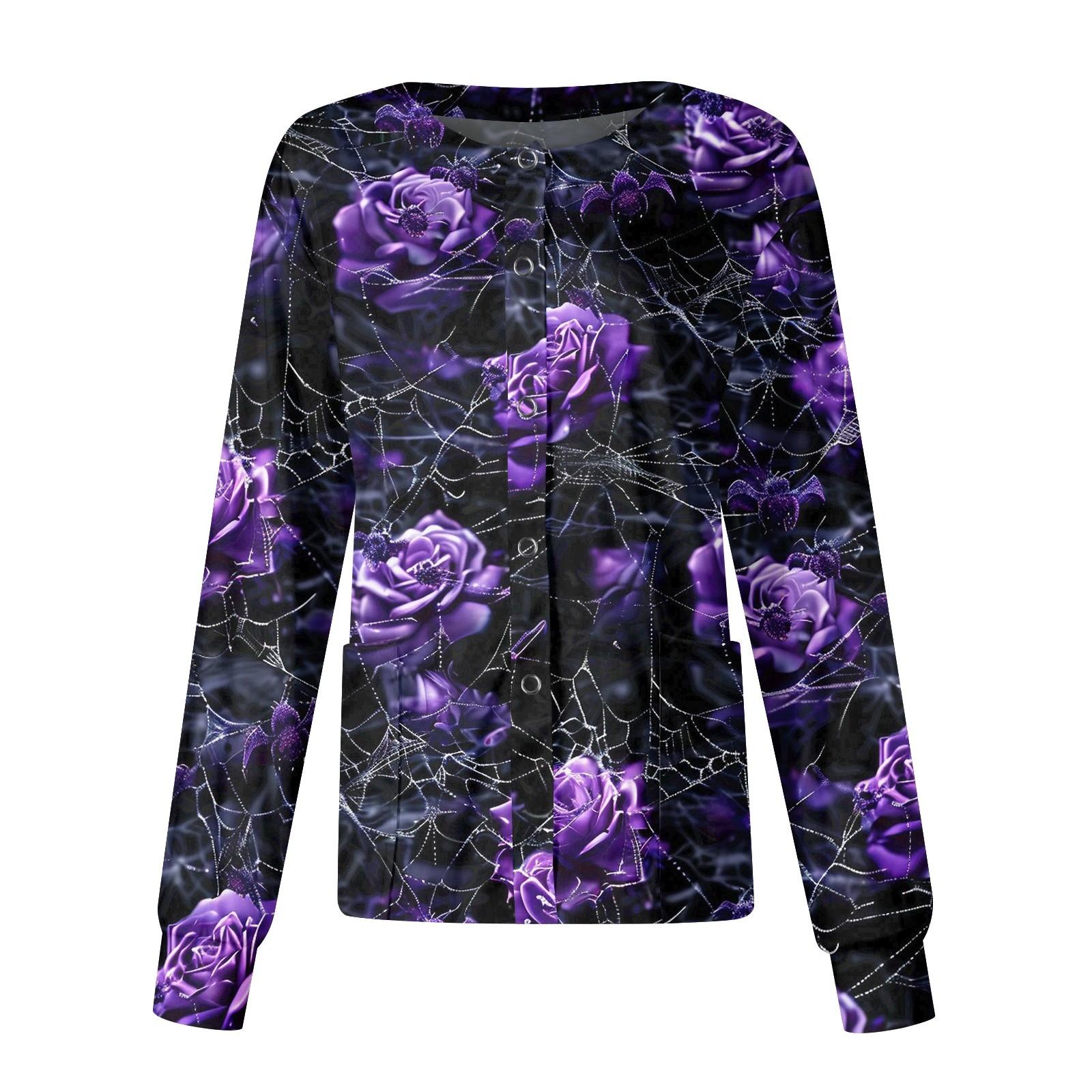 

Женский кардиган с принтом на Хэллоуин, повседневный, с длинными рукавами, на пуговицах, рабочая униформа XXXXL фиолетовый