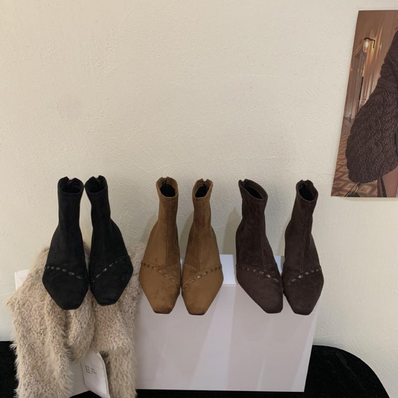 French Niche Weaving Design Wedge Heel Thin Boots Women's Autumn and Winter Temperament Versatile Suede Rear Zipper Bare Boots