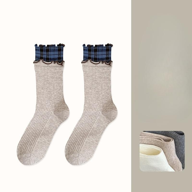 Autumn and Winter Women's Mid-calf Socks, Black Ear Edge Socks, Trendy and Casual Checkered Patchwork Boneless Cotton Socks