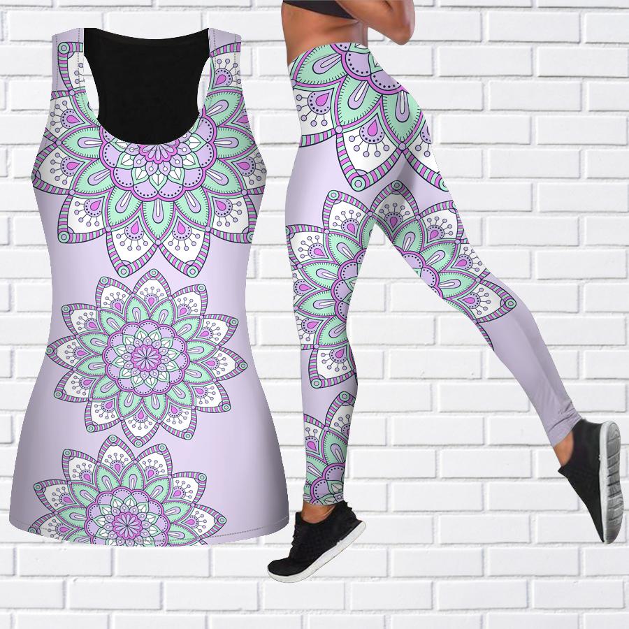 

Красивый наряд для йоги с принтом лотоса для женщин, модные леггинсы для тренировок, спортивные повседневные штаны для фитнеса и йоги M фиолетовый