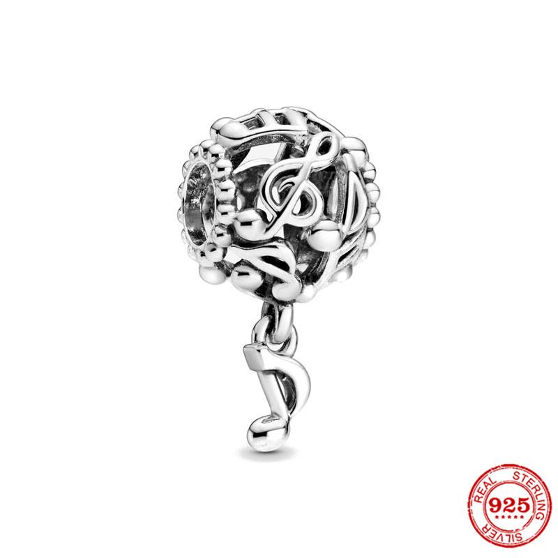 Bracelet Perles Charms Note de Musique Guitare Piano Cœur en Argent Sterling 925 Bijoux DIY pour Femmes