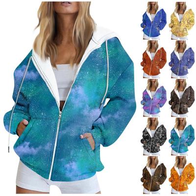 Women's Long Sleeve Printed Sweatshirt Long Sleeve Pocket Jacket Zipper Hoodie Coat  Autumn