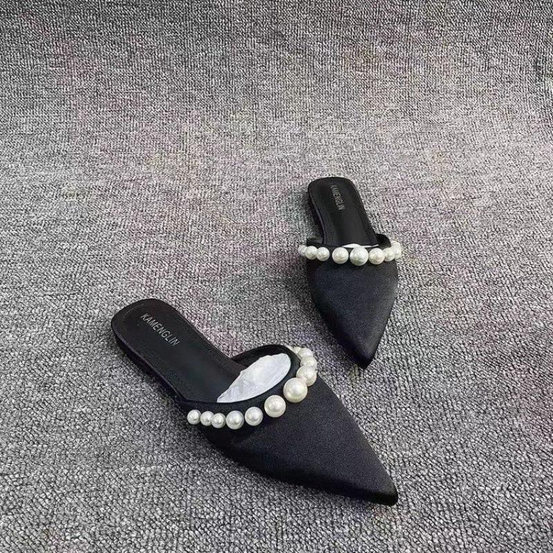 Fashion Baotou Flat Shoes Spring New Style Pointed Head Shallow Mouth Suede Beaded Soft Sole Anti-slip Wear-resistant Slippers