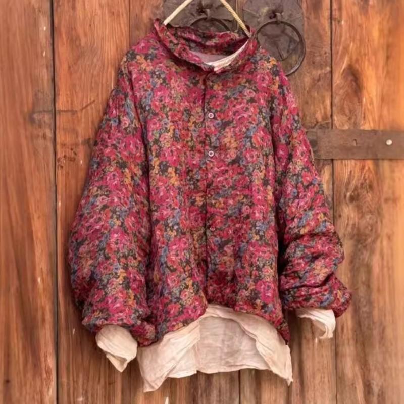 Women Floral Vintage Johnature Print Shirts Button Tops Autumn Chinese Style Turndown Collar Women Blouses