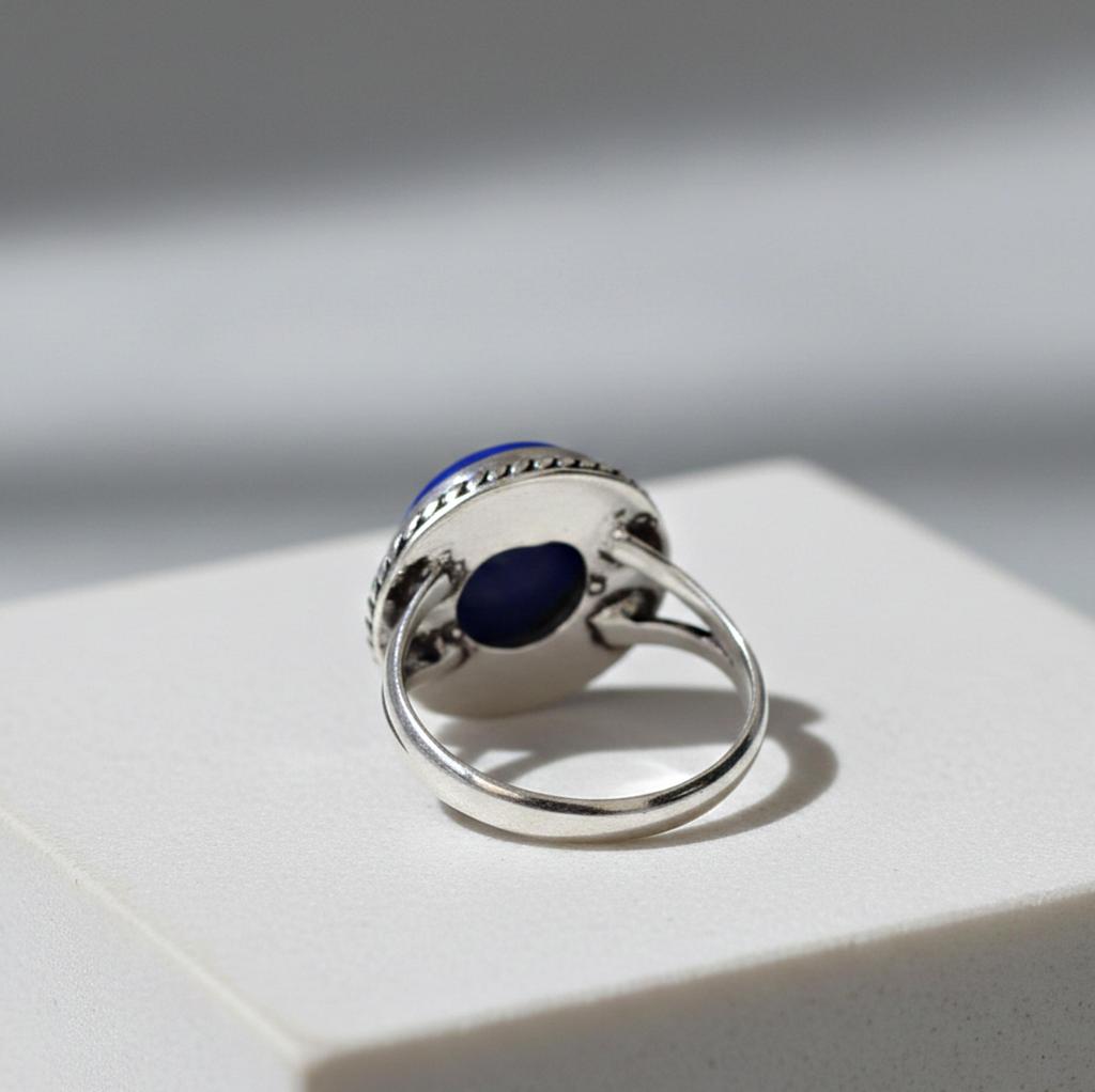 Blue Lapis Lazuli Round Statement Ring, 925 Sterling Silver Jewelry, Minimalist Twisted Rope Boho Gemstone Ring