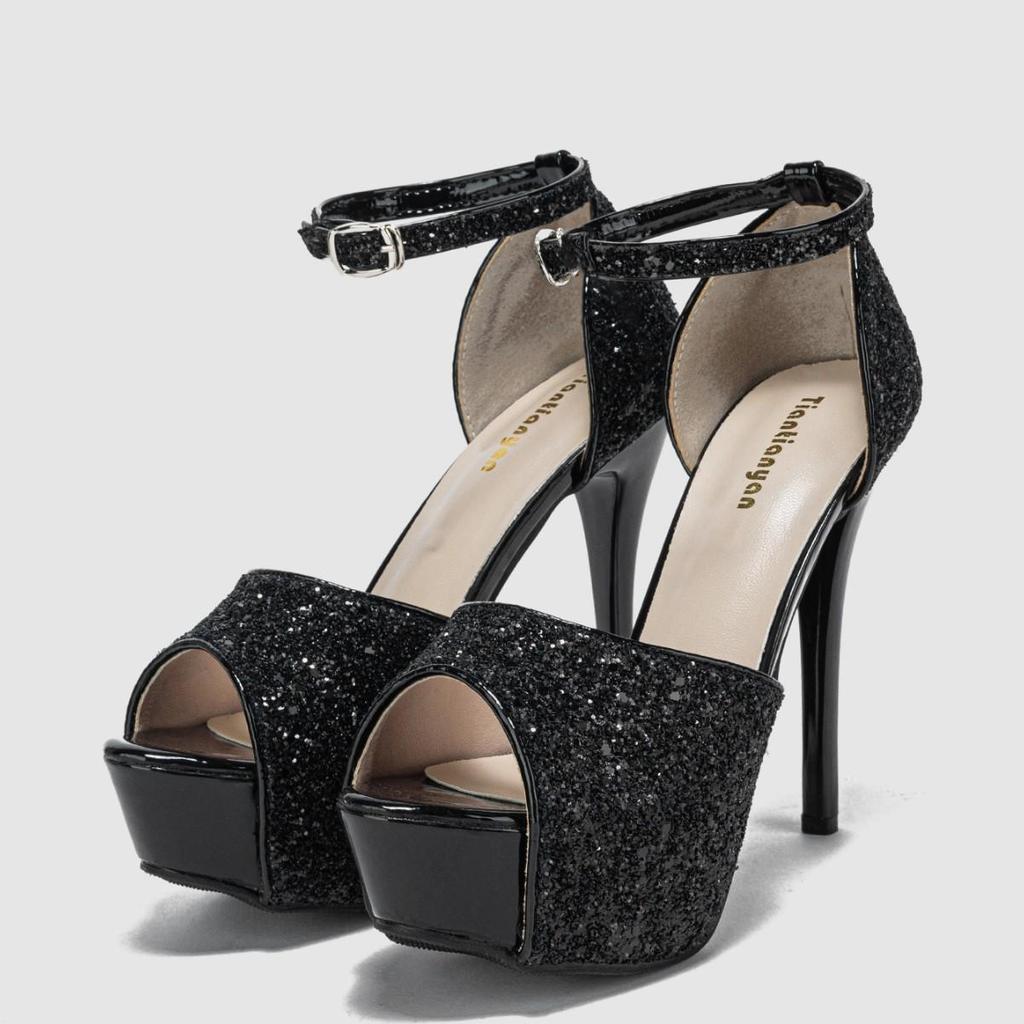 Chic Metal Sequin Stiletto Cutout Platform Sandals 