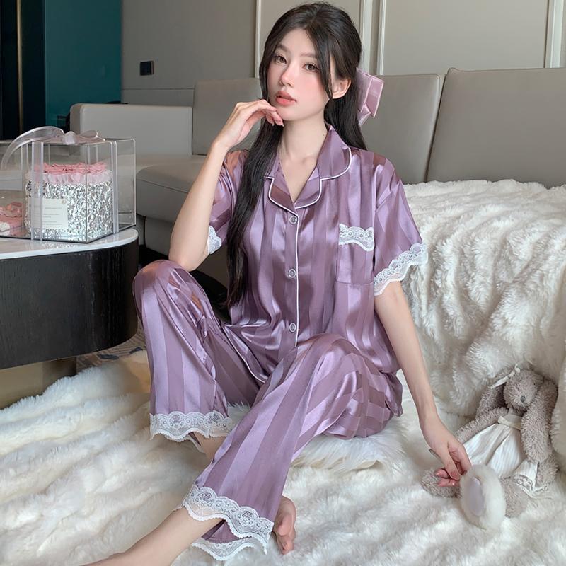 Summer lace patchwork stripes Women Sleepwear Sets Rest Autumn Pajamas Set Turn Down Collar Faux Silk Satin Short Sleeve Female Pijama Home Wear