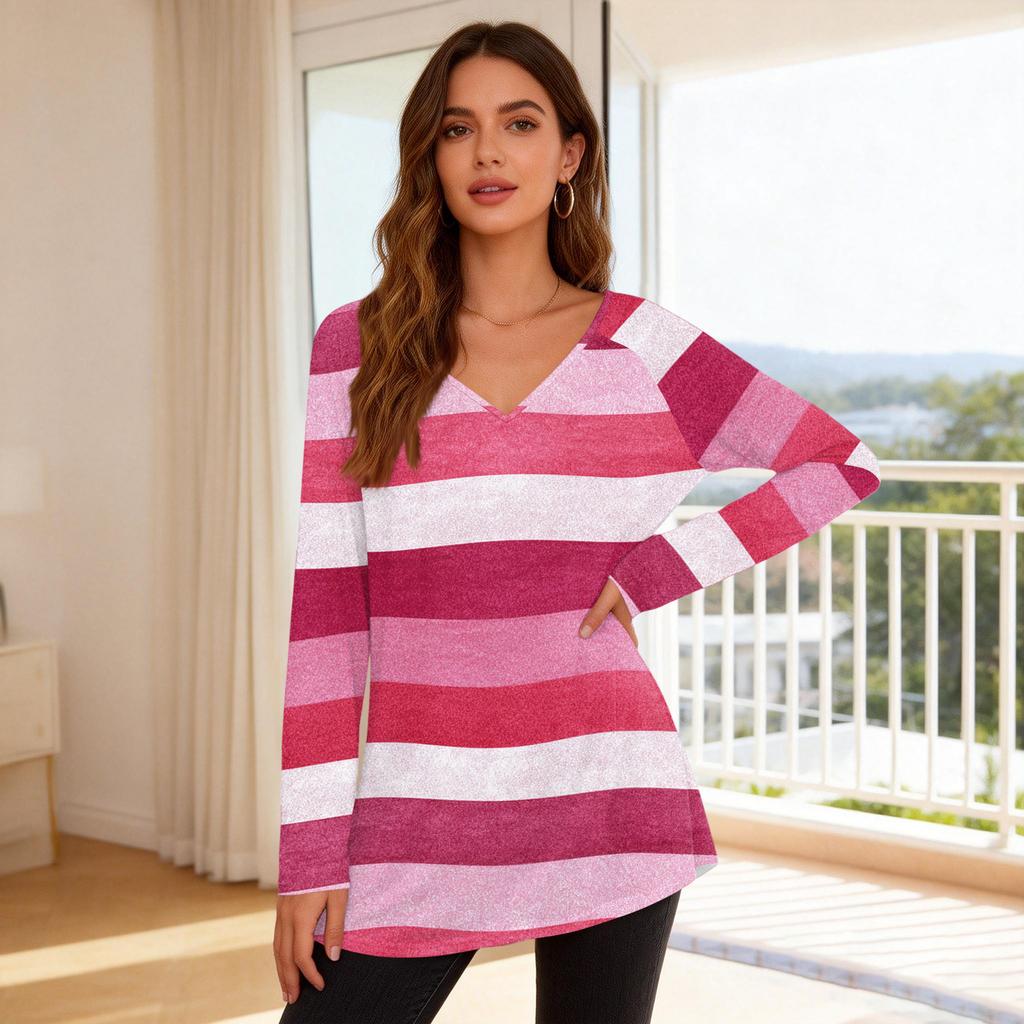 Women's Fashionable Casual Long-Sleeved Striped Print V-Neck Mid-Length Top