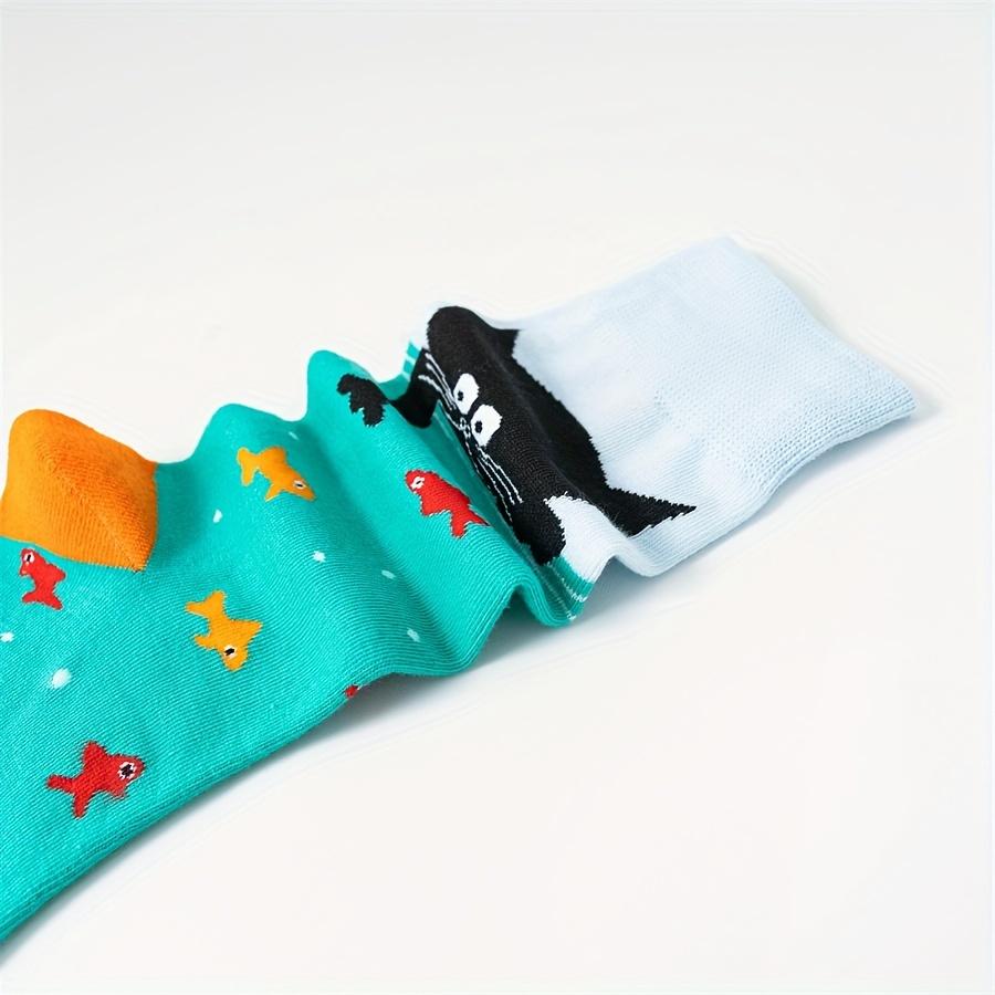 1 Pair of New Autumn and Winter Black Cat Catching Fish Pattern Men's Couple Middle Tube Socks