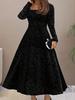 Elegant Embossed Long Sleeve Square Neck Dress - Women's Autumn/Winter Fashion