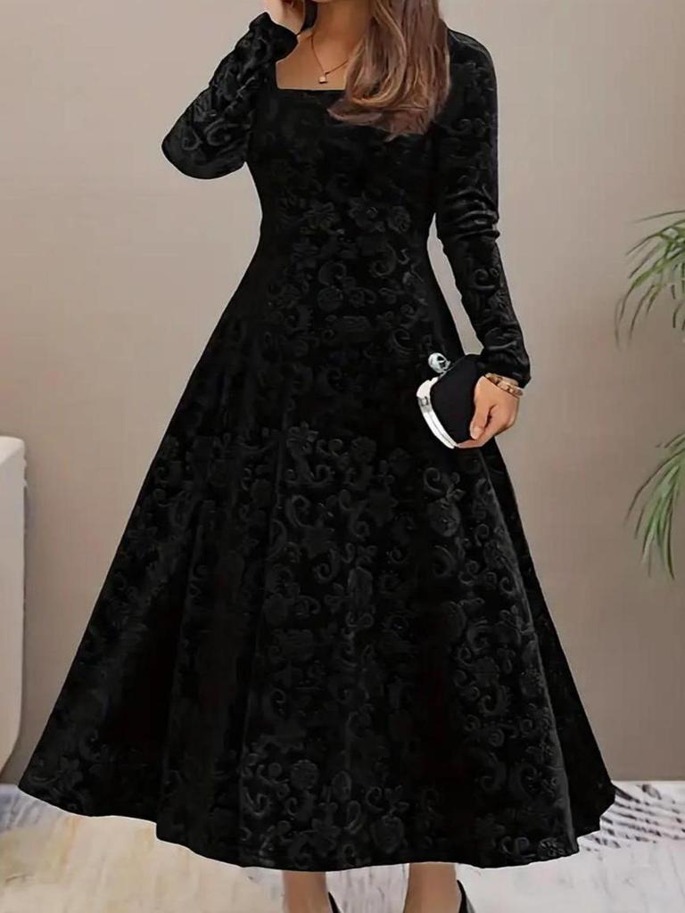 Elegant Embossed Long Sleeve Square Neck Dress - Women's Autumn/Winter Fashion