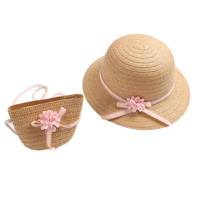 Sun Straw Hat Kids Girls Large Wide Brim Travel Beach Cap Sweet Flower Bowknot Sun for Protection Hat with Shoul