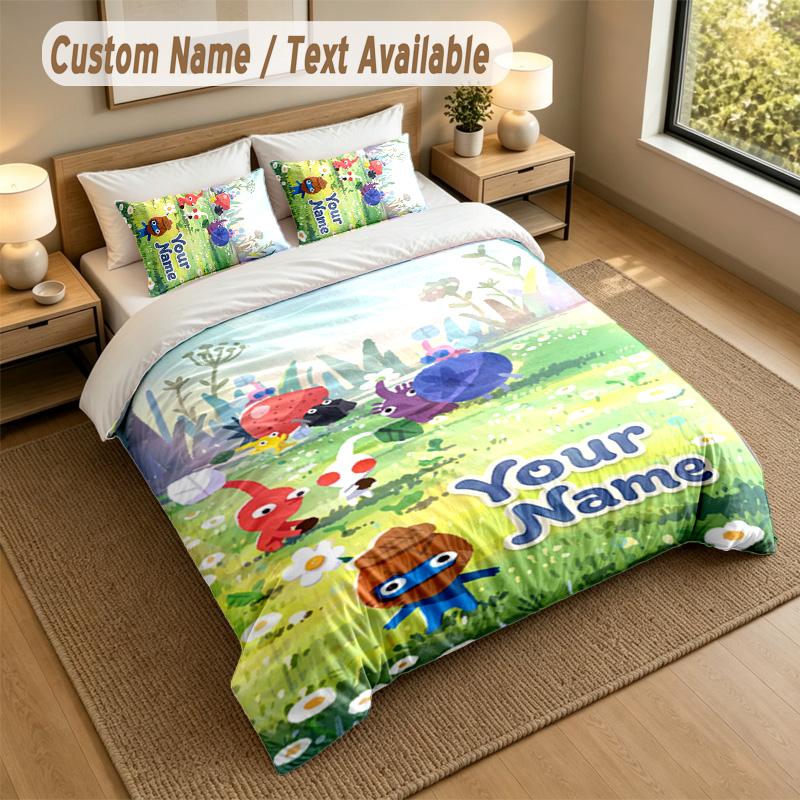3Pcs Bedding Set Custom Name Text, 1 Sheet 2 Pillowcases Home Bed DecorPikmin