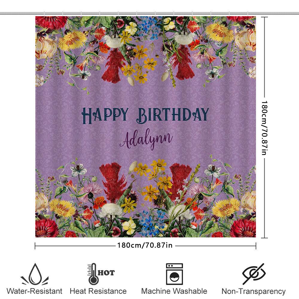 Birthday Shower Curtain Set Decorative Custom Name Printed Flowers Bath Rug Non-Slip Bathroom Liner