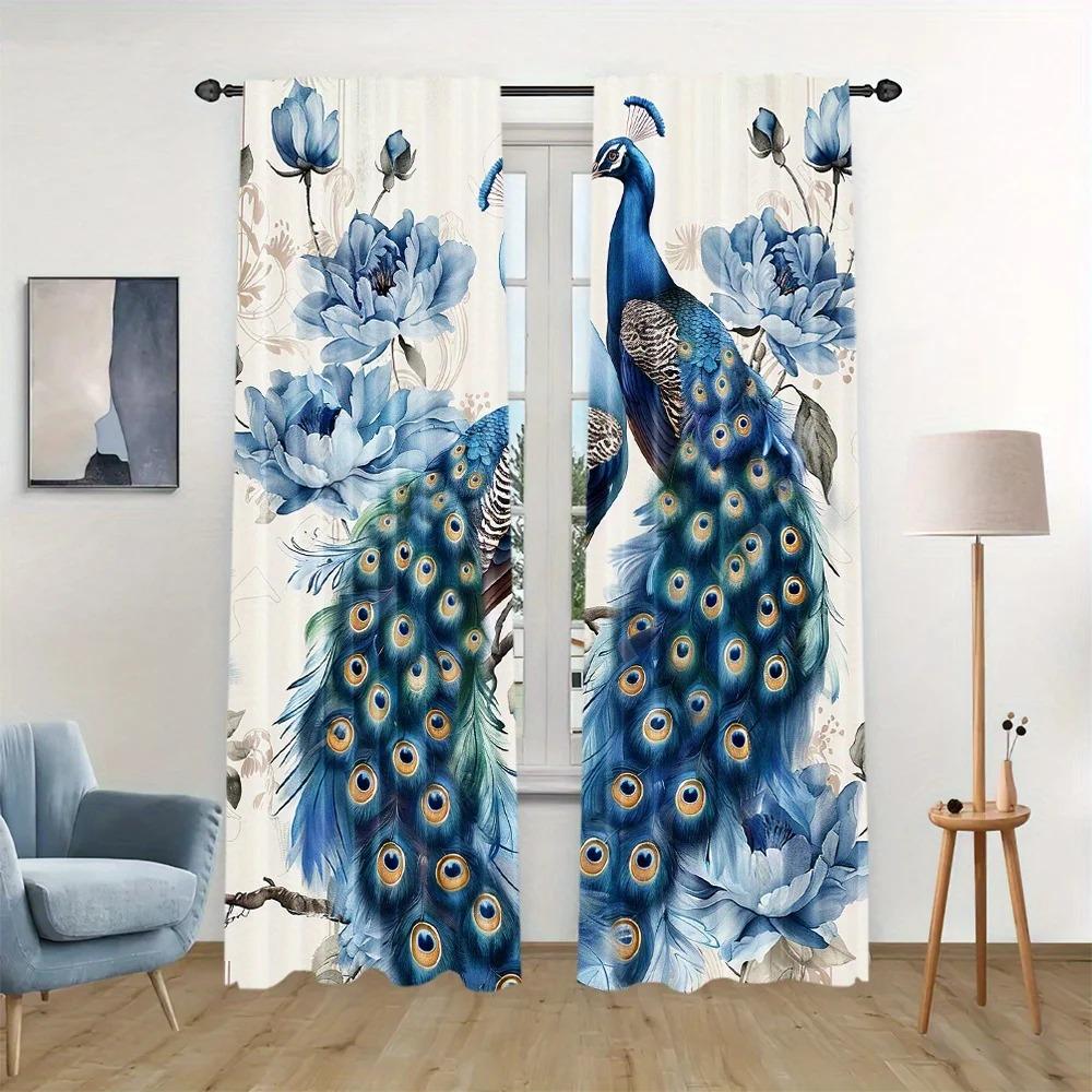 2-Piece Set Vibrant Peacock Print Curtains Rod Pocket Design For Living Room Kitchen Bedroom Window Blinds Home Decor cortinas